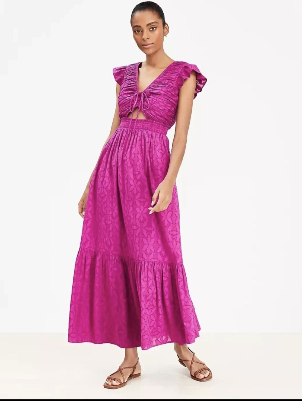 Loft Beach Dot Cutout Cotton Maxi Dress Magenta Pink Ruffle Sleeve Size  Large